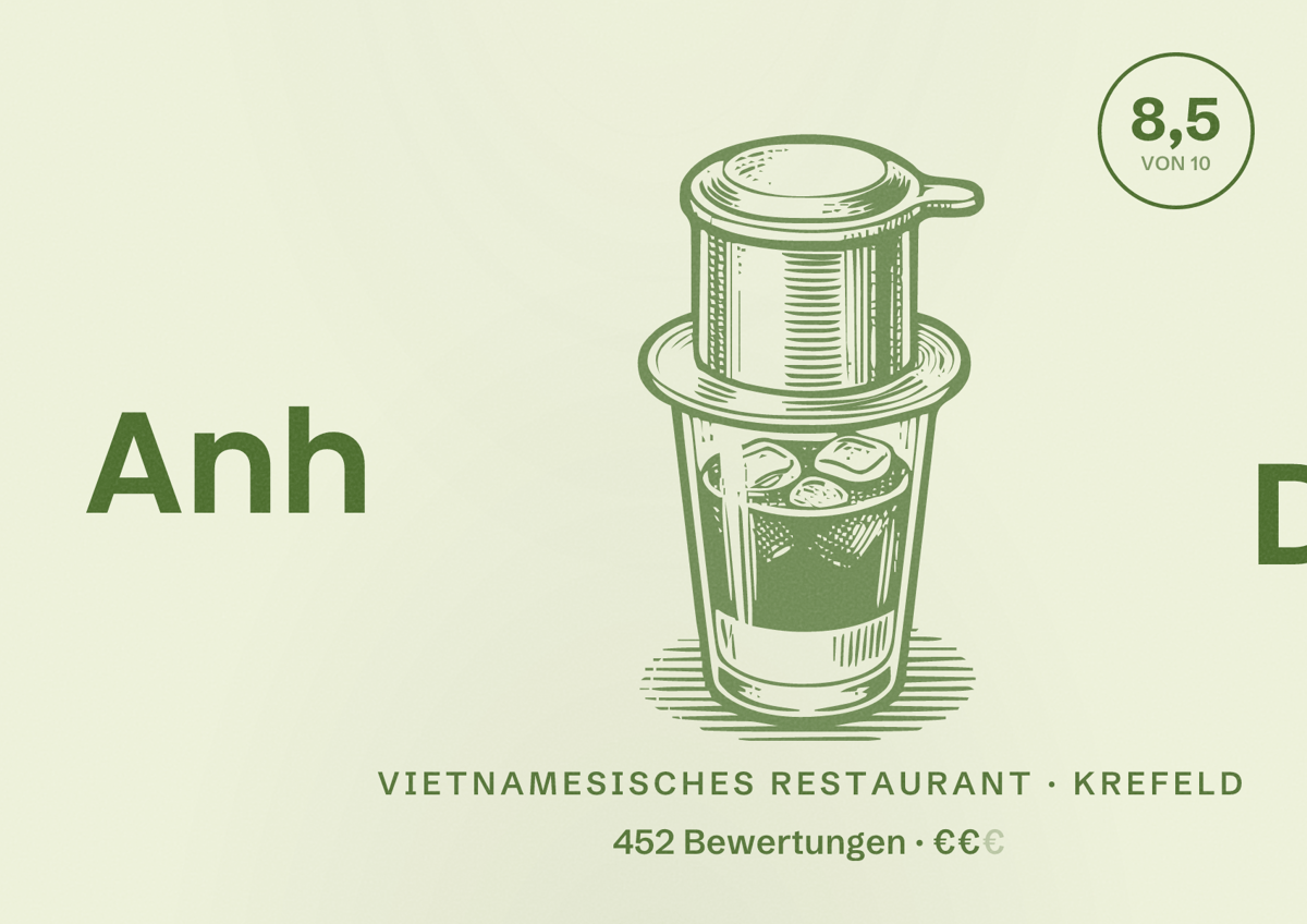 Illustriertes Poster von Anh Dao, Vietnamesisches Restaurant in Krefeld: Bewertung 8,5 von 10 aus 452 Bewertungen, Preisniveau €€