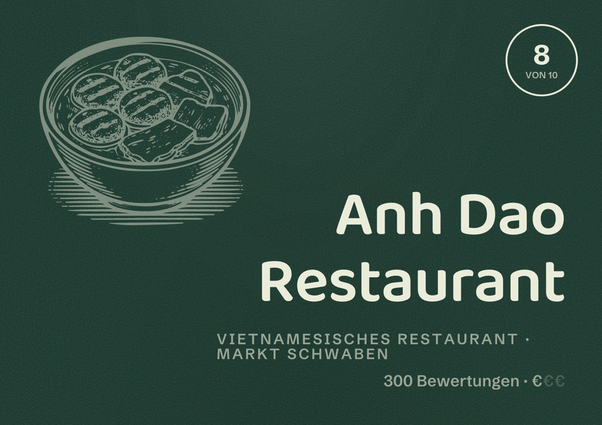 Illustriertes Poster von Anh Dao Restaurant, Vietnamesisches Restaurant in Markt Schwaben: Bewertung 8 von 10 aus 300 Bewertungen, Preisniveau €