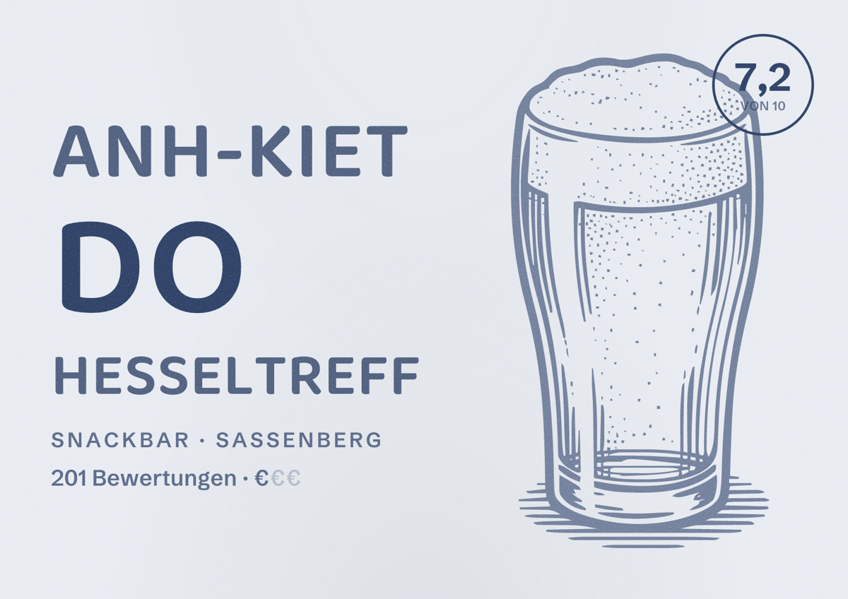 Illustriertes Poster von Anh-Kiet Do Hesseltreff, Snackbar in Sassenberg: Bewertung 7,2 von 10 aus 201 Bewertungen, Preisniveau €