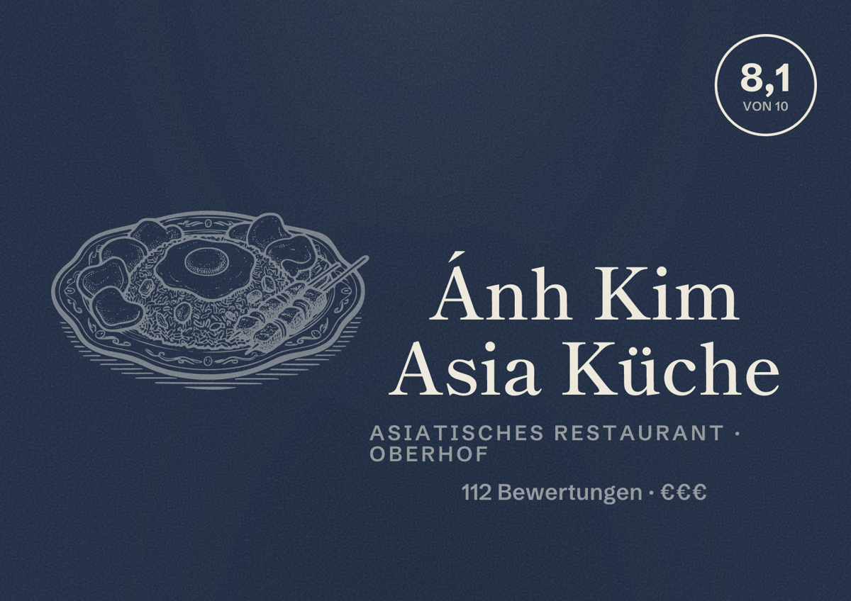 Illustriertes Poster von Ánh Kim Asia Küche, Asiatisches Restaurant in Oberhof: Bewertung 8,1 von 10 aus 112 Bewertungen, Preisniveau €€€