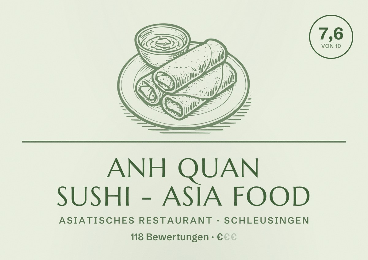 Illustriertes Poster von Anh Quan Sushi - Asia food, Asiatisches Restaurant in Schleusingen: Bewertung 7,6 von 10 aus 118 Bewertungen, Preisniveau €