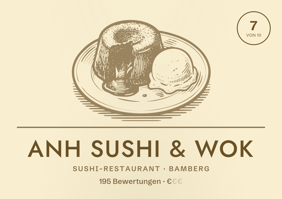 Illustriertes Poster von ANH Sushi & Wok, Sushi-Restaurant in Bamberg: Bewertung 7 von 10 aus 195 Bewertungen, Preisniveau €
