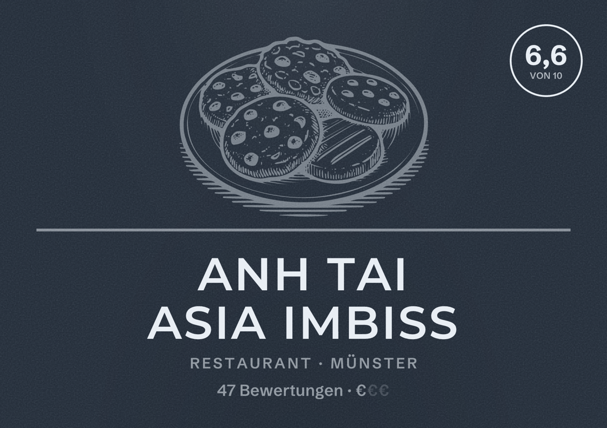 Illustriertes Poster von Anh Tai Asia Imbiss, Restaurant in Münster: Bewertung 6,6 von 10 aus 47 Bewertungen, Preisniveau €