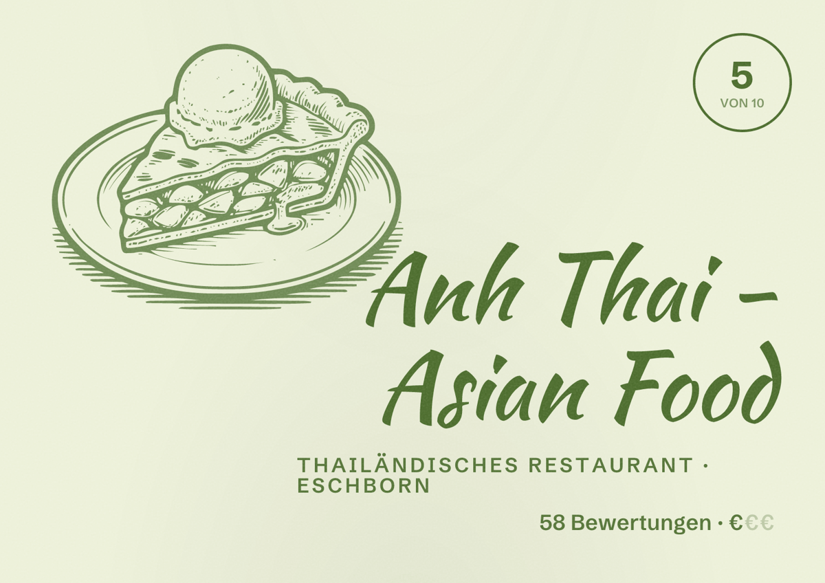 Illustriertes Poster von Anh Thai - Asian Food, Thailändisches Restaurant in Eschborn: Bewertung 5 von 10 aus 58 Bewertungen, Preisniveau €