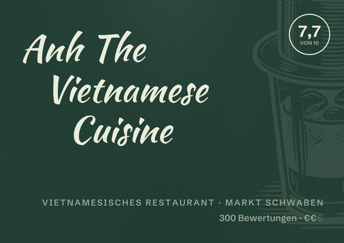 Illustriertes Poster von Anh The Vietnamese Cuisine, Vietnamesisches Restaurant in Markt Schwaben: Bewertung 7,7 von 10 aus 300 Bewertungen, Preisniveau €€