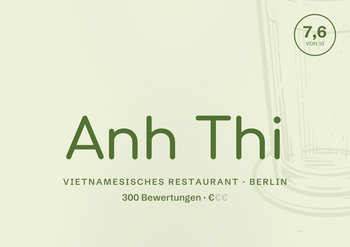 Illustriertes Poster von Anh Thi, Vietnamesisches Restaurant in Berlin: Bewertung 7,6 von 10 aus 300 Bewertungen, Preisniveau €