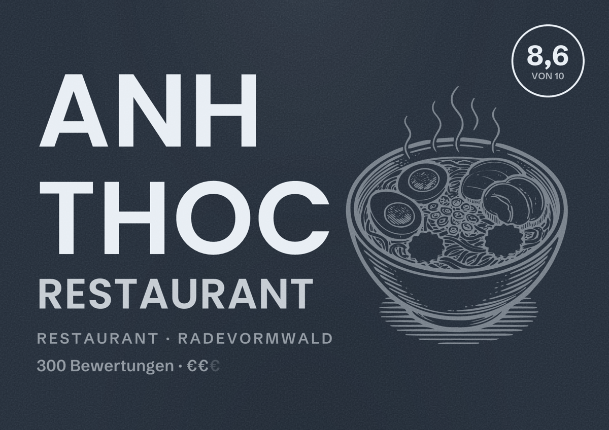 Illustriertes Poster von Anh Thoc Restaurant, Restaurant in Radevormwald: Bewertung 8,6 von 10 aus 300 Bewertungen, Preisniveau €€