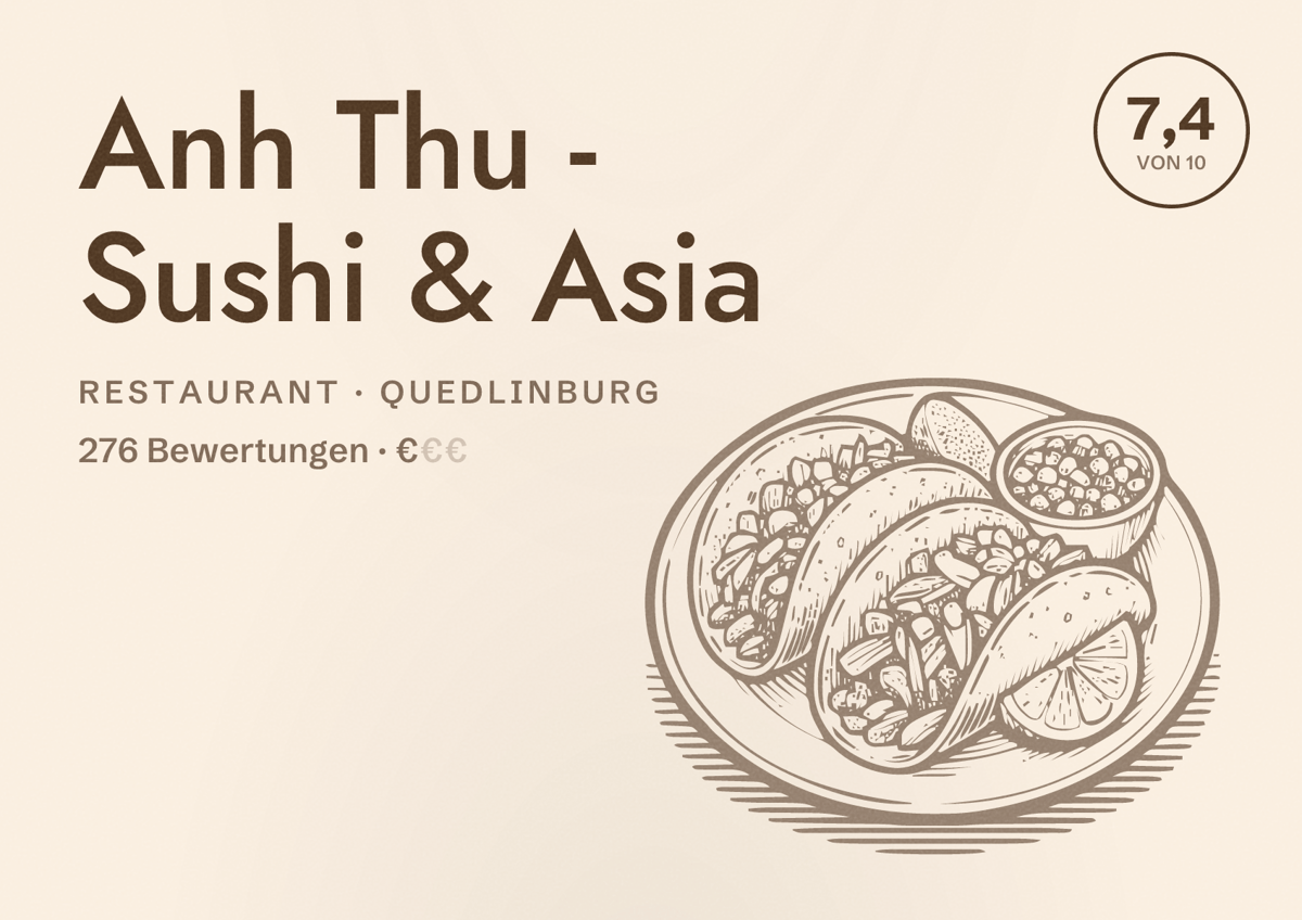 Illustriertes Poster von Anh Thu - Sushi & Asia, Restaurant in Quedlinburg: Bewertung 7,4 von 10 aus 276 Bewertungen, Preisniveau €