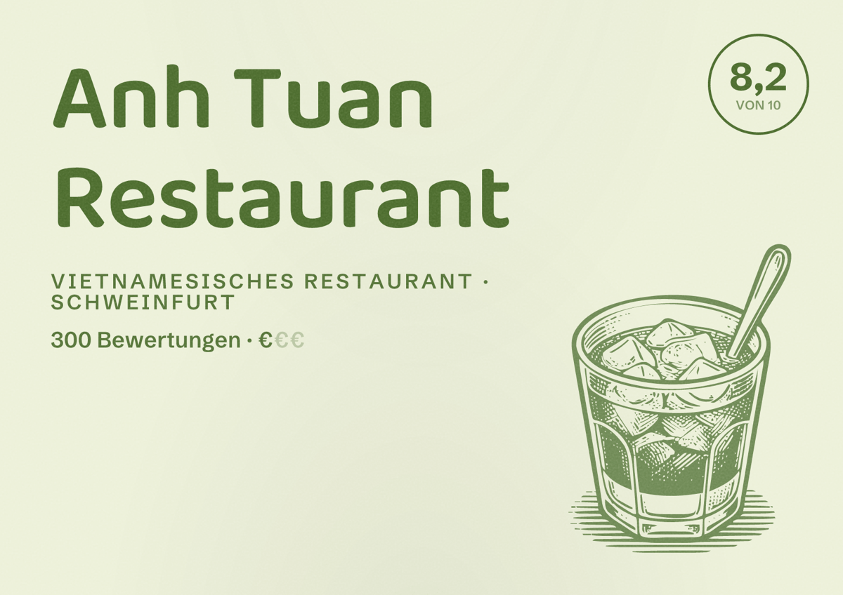 Illustriertes Poster von Anh Tuan Restaurant, Vietnamesisches Restaurant in Schweinfurt: Bewertung 8,2 von 10 aus 300 Bewertungen, Preisniveau €