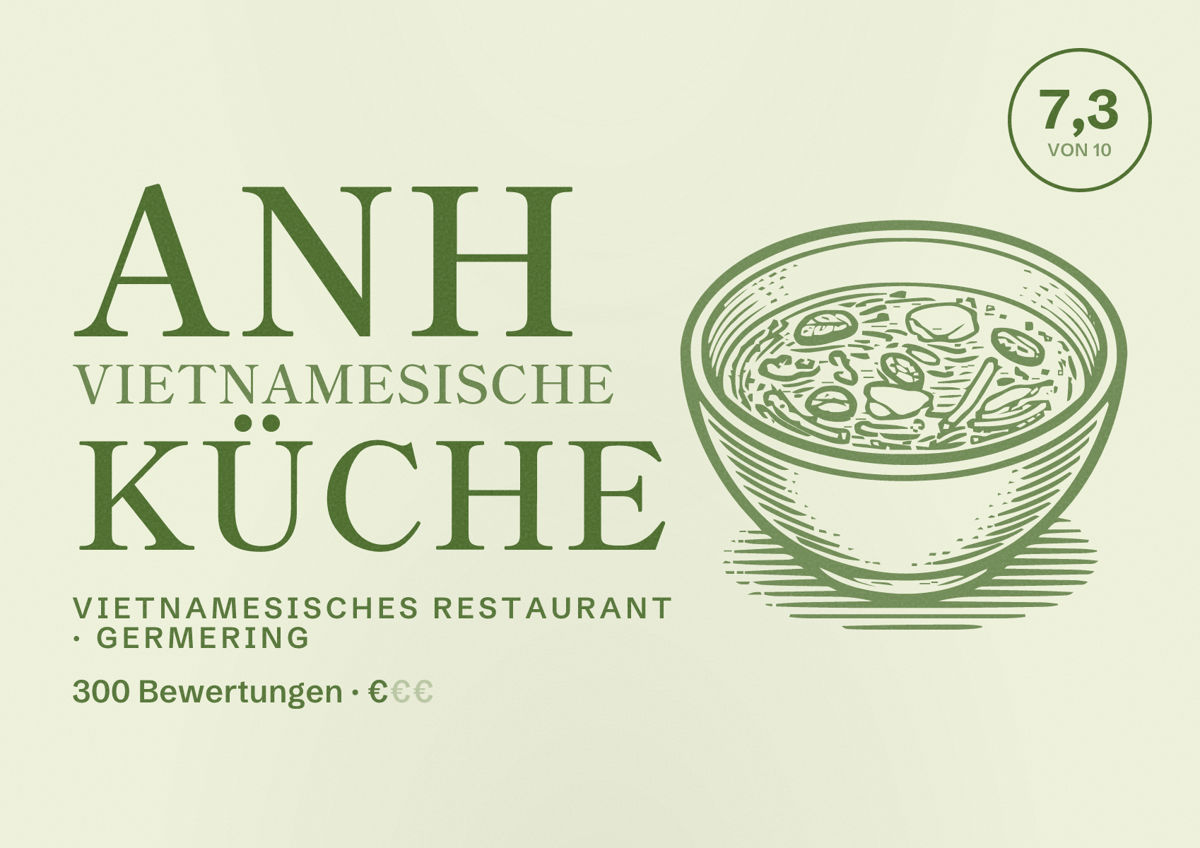Illustriertes Poster von Anh Vietnamesische Küche, Vietnamesisches Restaurant in Germering: Bewertung 7,3 von 10 aus 300 Bewertungen, Preisniveau €