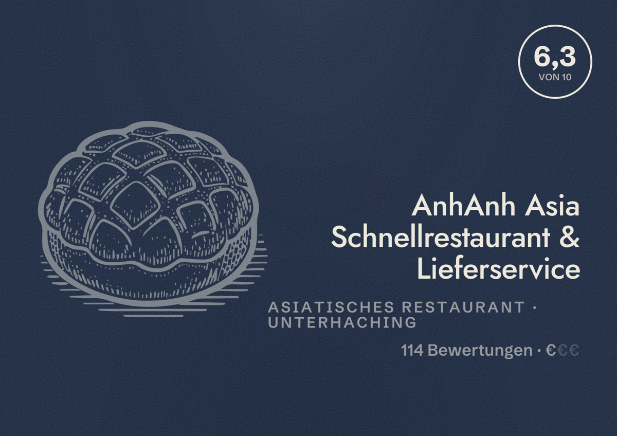 Illustriertes Poster von AnhAnh Asia Schnellrestaurant & Lieferservice, Asiatisches Restaurant in Unterhaching: Bewertung 6,3 von 10 aus 114 Bewertungen, Preisniveau €