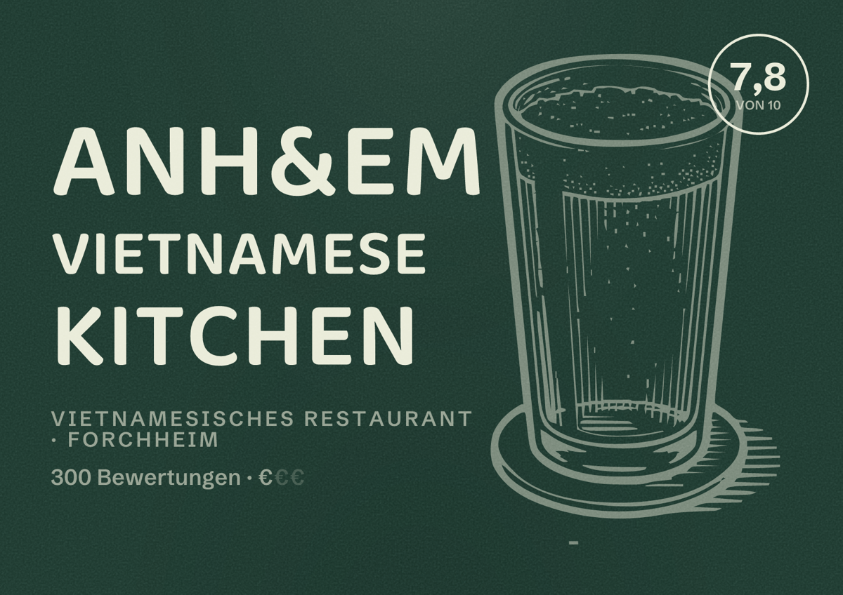 Illustriertes Poster von Anh&Em Vietnamese Kitchen, Vietnamesisches Restaurant in Forchheim: Bewertung 7,8 von 10 aus 300 Bewertungen, Preisniveau €