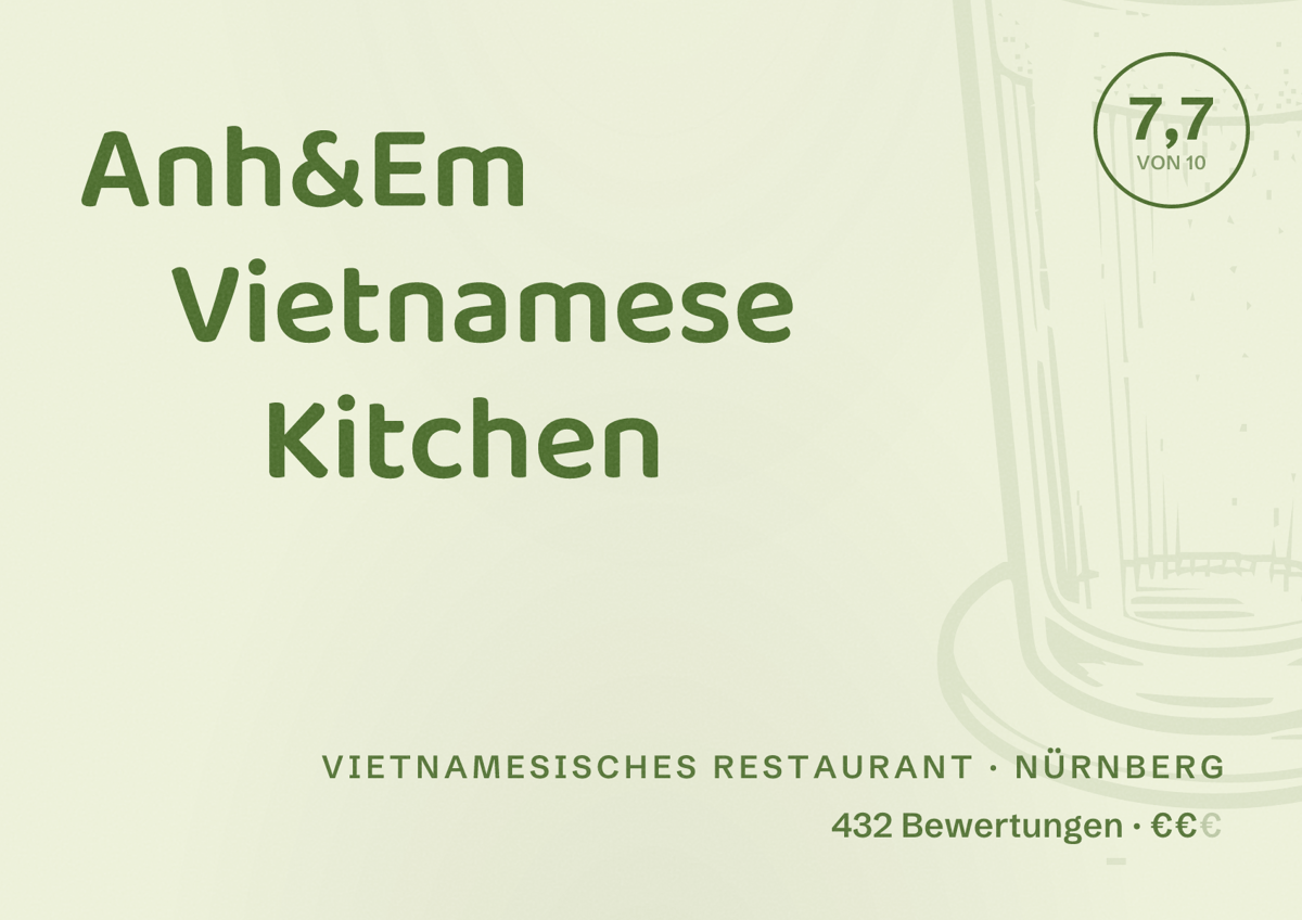 Illustriertes Poster von Anh&Em Vietnamese Kitchen, Vietnamesisches Restaurant in Nürnberg: Bewertung 7,7 von 10 aus 432 Bewertungen, Preisniveau €€