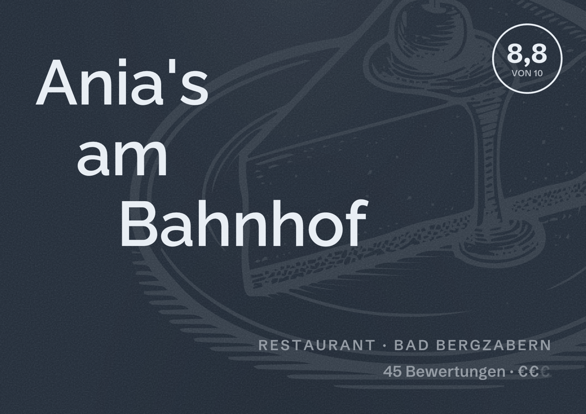 Illustriertes Poster von Ania's am Bahnhof, Restaurant in Bad Bergzabern: Bewertung 8,8 von 10 aus 45 Bewertungen, Preisniveau €€