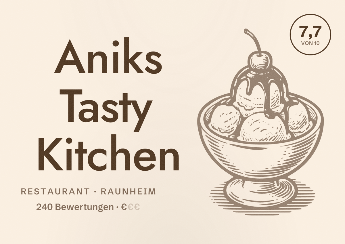 Illustriertes Poster von Aniks Tasty Kitchen, Restaurant in Raunheim: Bewertung 7,7 von 10 aus 240 Bewertungen, Preisniveau €