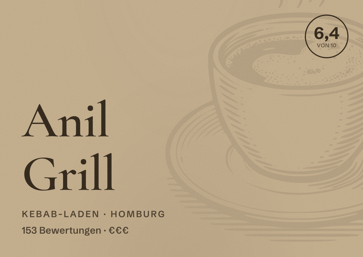 Illustriertes Poster von Anil Grill, Kebab-Laden in Homburg: Bewertung 6,4 von 10 aus 153 Bewertungen, Preisniveau €€€
