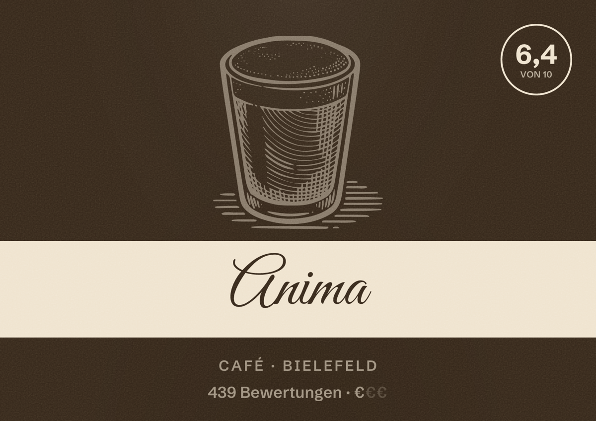 Illustriertes Poster von Anima, Café in Bielefeld: Bewertung 6,4 von 10 aus 439 Bewertungen, Preisniveau €