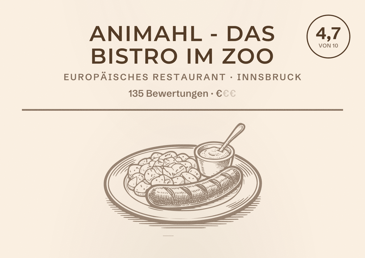 Illustriertes Poster von ANIMAHL - Das Bistro im Zoo, Europäisches Restaurant in Innsbruck: Bewertung 4,7 von 10 aus 135 Bewertungen, Preisniveau €