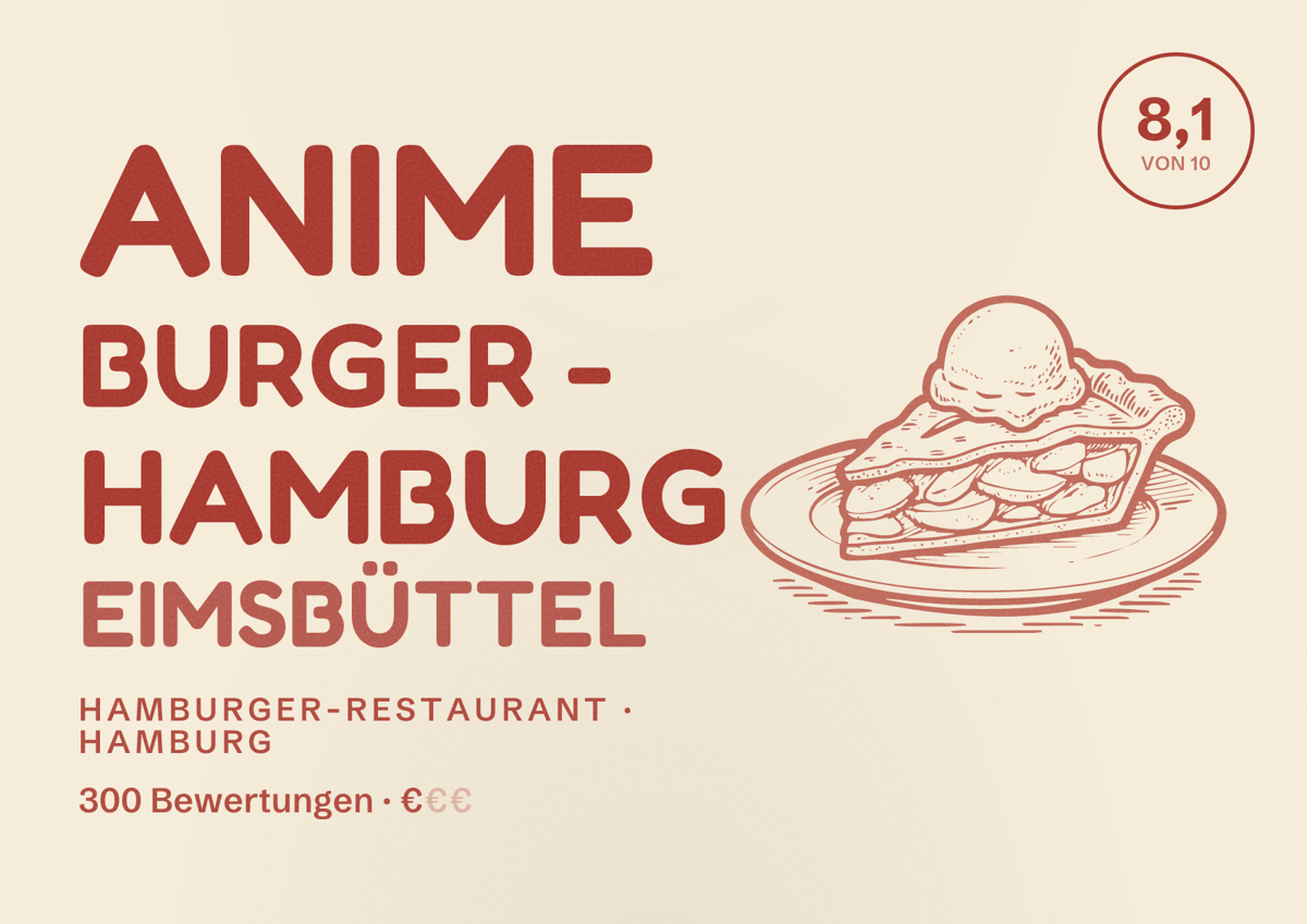 Illustriertes Poster von Anime Burger - Hamburg Eimsbüttel, Hamburger-Restaurant in Hamburg: Bewertung 8,1 von 10 aus 300 Bewertungen, Preisniveau €