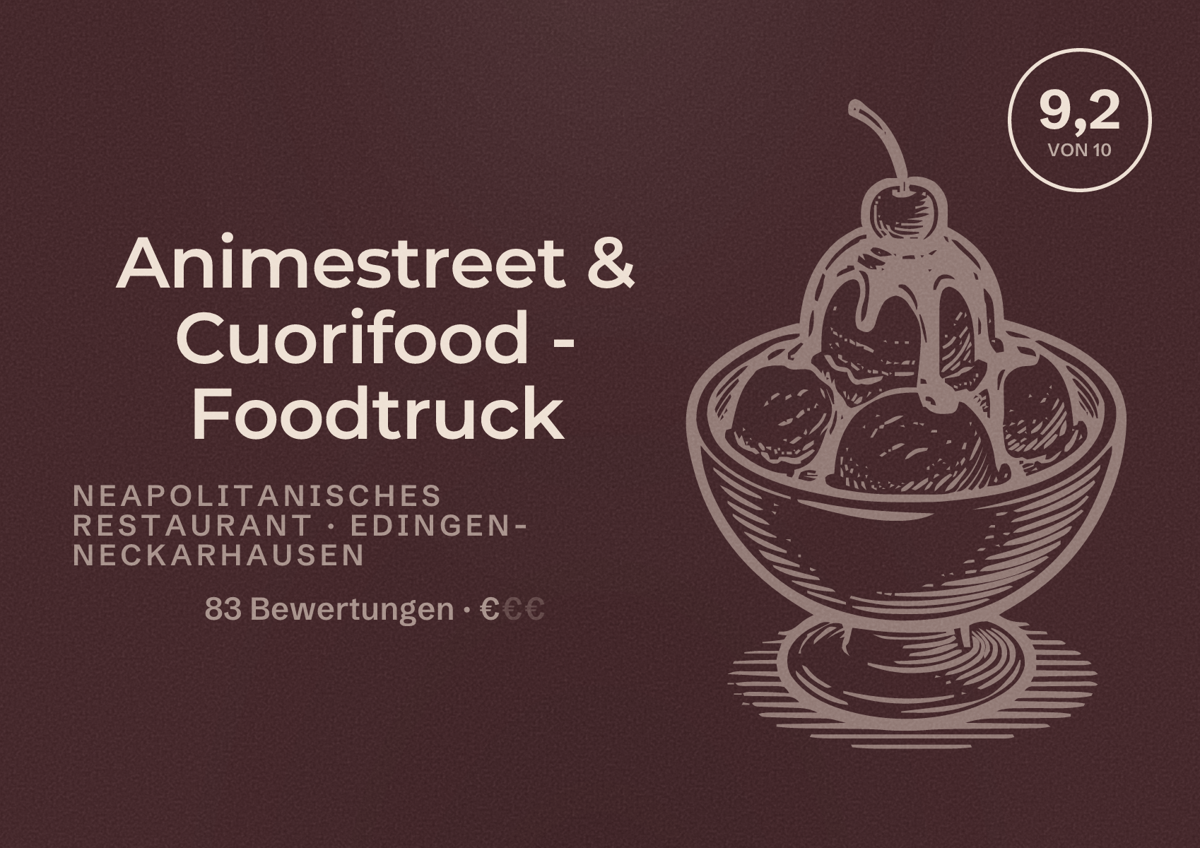 Illustriertes Poster von Animestreet & Cuorifood - Foodtruck, Neapolitanisches Restaurant in Edingen-Neckarhausen: Bewertung 9,2 von 10 aus 83 Bewertungen, Preisniveau €