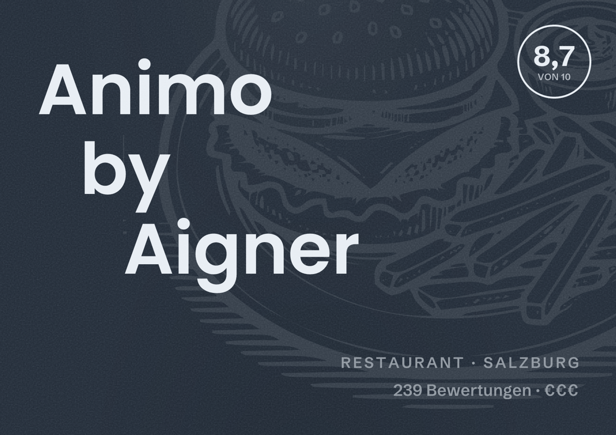 Illustriertes Poster von Animo by Aigner, Restaurant in Salzburg: Bewertung 8,7 von 10 aus 239 Bewertungen, Preisniveau €€€