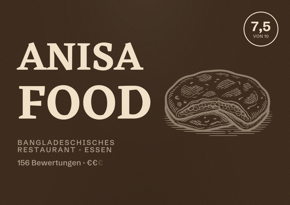 Illustriertes Poster von Anisa Food, Bangladeschisches Restaurant in Essen: Bewertung 7,5 von 10 aus 156 Bewertungen, Preisniveau €€
