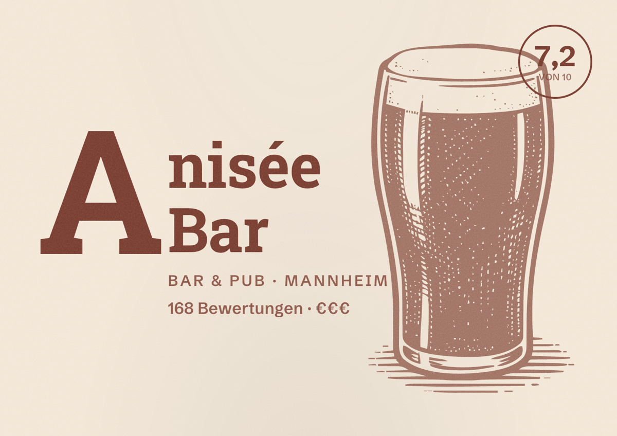 Illustriertes Poster von Anisée Bar, Bar & Pub in Mannheim: Bewertung 7,2 von 10 aus 168 Bewertungen, Preisniveau €€€