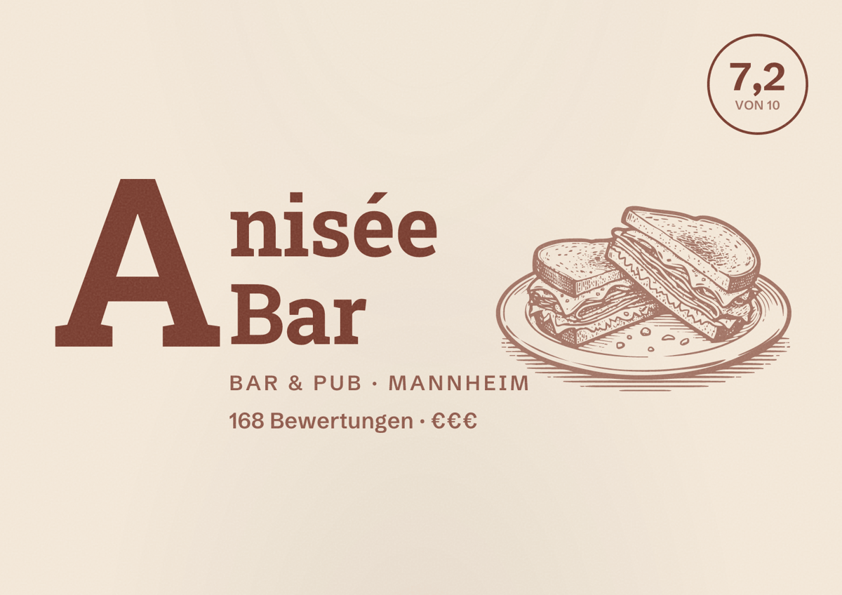 Illustriertes Poster von Anisée Bar, Bar & Pub in Mannheim: Bewertung 7,2 von 10 aus 168 Bewertungen, Preisniveau €€€