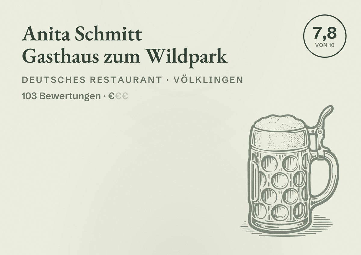 Illustriertes Poster von Anita Schmitt Gasthaus zum Wildpark, Deutsches Restaurant in Völklingen: Bewertung 7,8 von 10 aus 103 Bewertungen, Preisniveau €