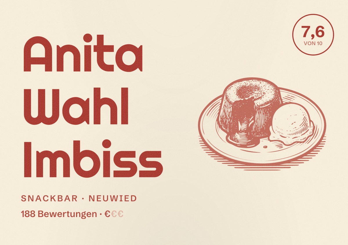 Illustriertes Poster von Anita Wahl Imbiss, Snackbar in Neuwied: Bewertung 7,6 von 10 aus 188 Bewertungen, Preisniveau €