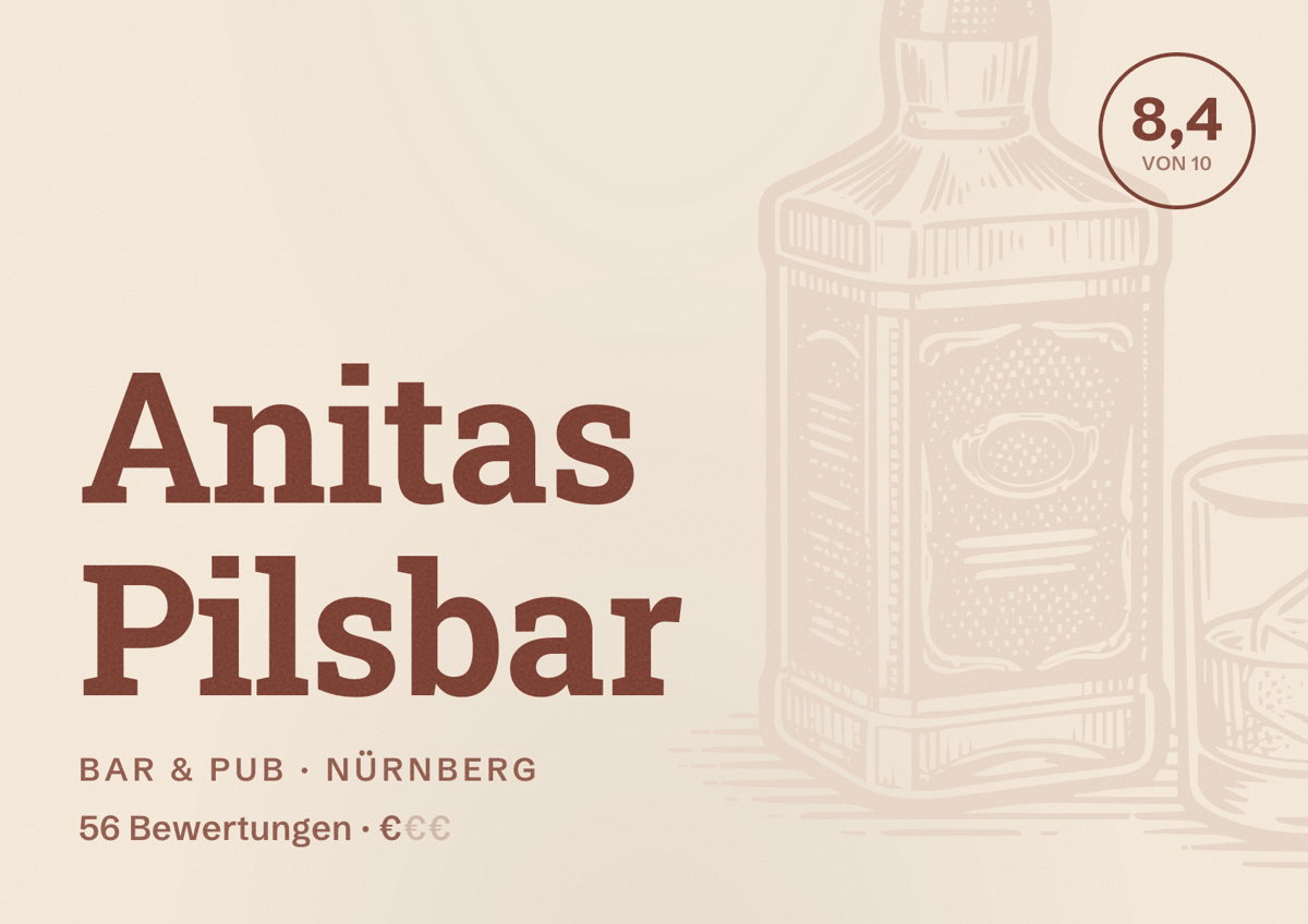 Illustriertes Poster von Anitas Pilsbar, Bar & Pub in Nürnberg: Bewertung 8,4 von 10 aus 56 Bewertungen, Preisniveau €