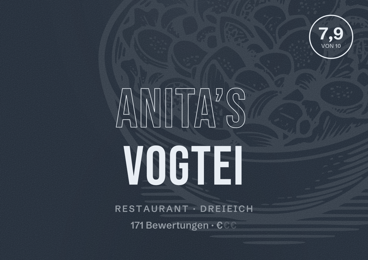 Illustriertes Poster von Anita’s Vogtei, Restaurant in Dreieich: Bewertung 7,9 von 10 aus 171 Bewertungen, Preisniveau €