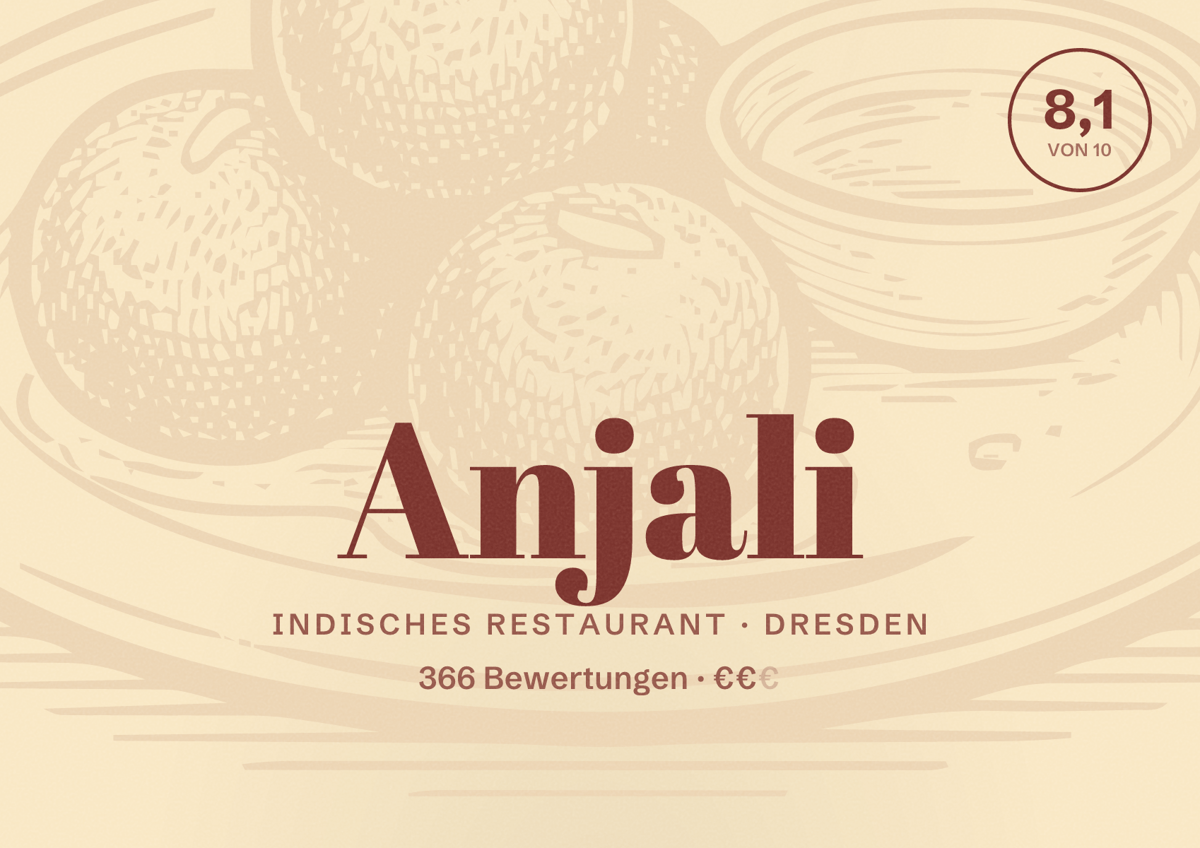 Illustriertes Poster von Anjali, Indisches Restaurant in Dresden: Bewertung 8,1 von 10 aus 366 Bewertungen, Preisniveau €€