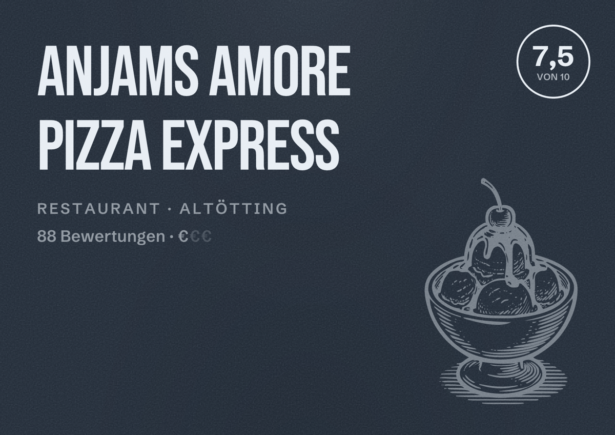 Illustriertes Poster von Anjams Amore Pizza Express, Restaurant in Altötting: Bewertung 7,5 von 10 aus 88 Bewertungen, Preisniveau €