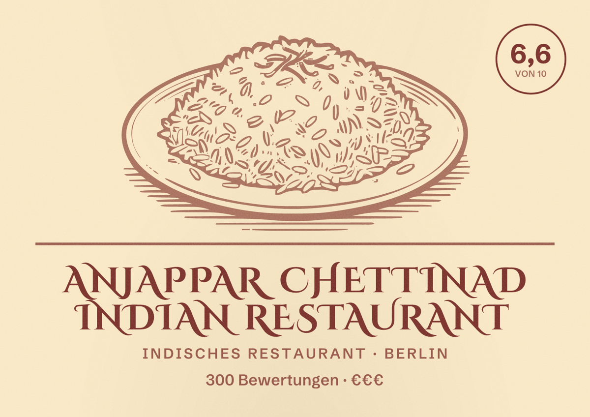 Illustriertes Poster von Anjappar Chettinad Indian Restaurant, Indisches Restaurant in Berlin: Bewertung 6,6 von 10 aus 300 Bewertungen, Preisniveau €€€