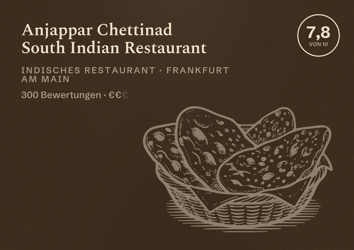 Illustriertes Poster von Anjappar Chettinad South Indian Restaurant, Indisches Restaurant in Frankfurt am Main: Bewertung 7,8 von 10 aus 300 Bewertungen, Preisniveau €€