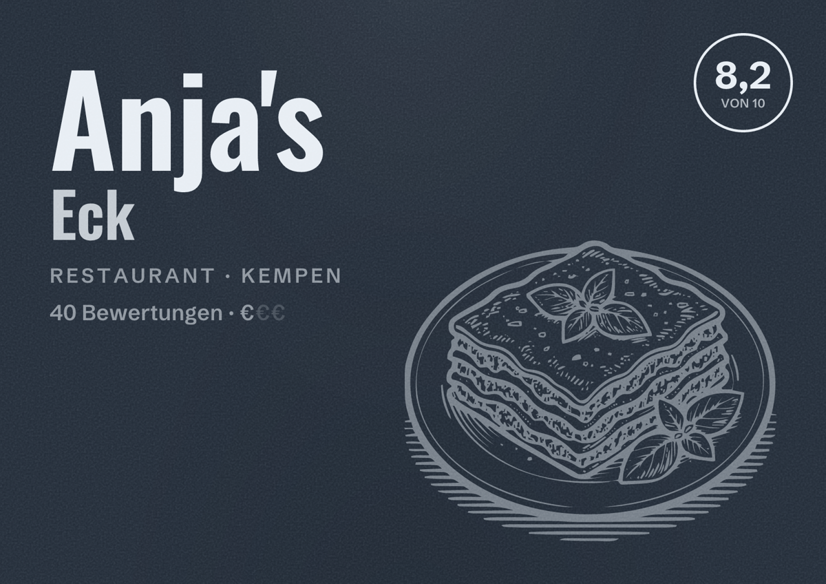 Illustriertes Poster von Anja's Eck, Restaurant in Kempen: Bewertung 8,2 von 10 aus 40 Bewertungen, Preisniveau €