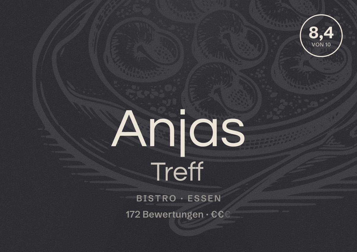 Illustriertes Poster von Anjas Treff, Bistro in Essen: Bewertung 8,4 von 10 aus 172 Bewertungen, Preisniveau €€
