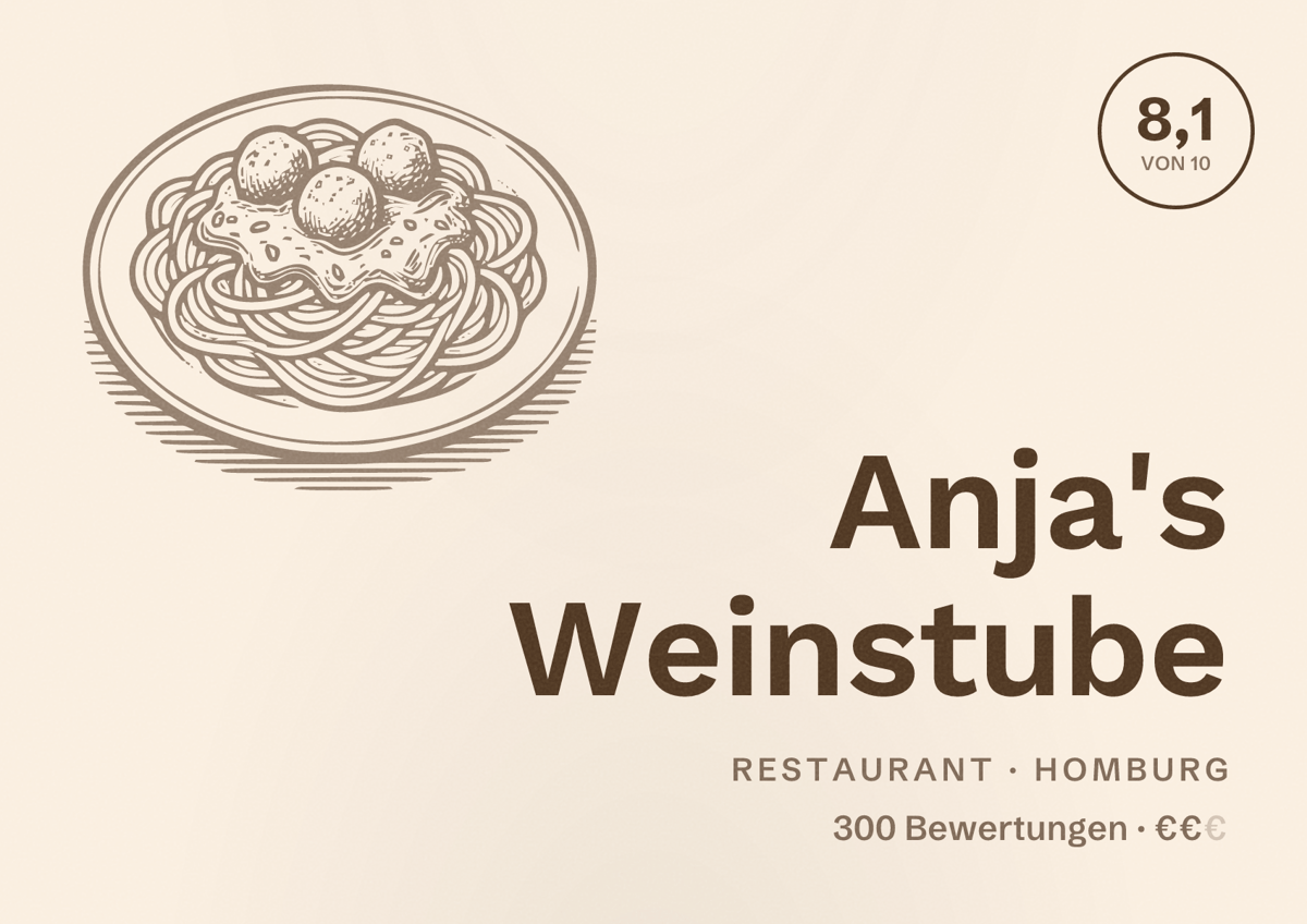 Illustriertes Poster von Anja's Weinstube, Restaurant in Homburg: Bewertung 8,1 von 10 aus 300 Bewertungen, Preisniveau €€