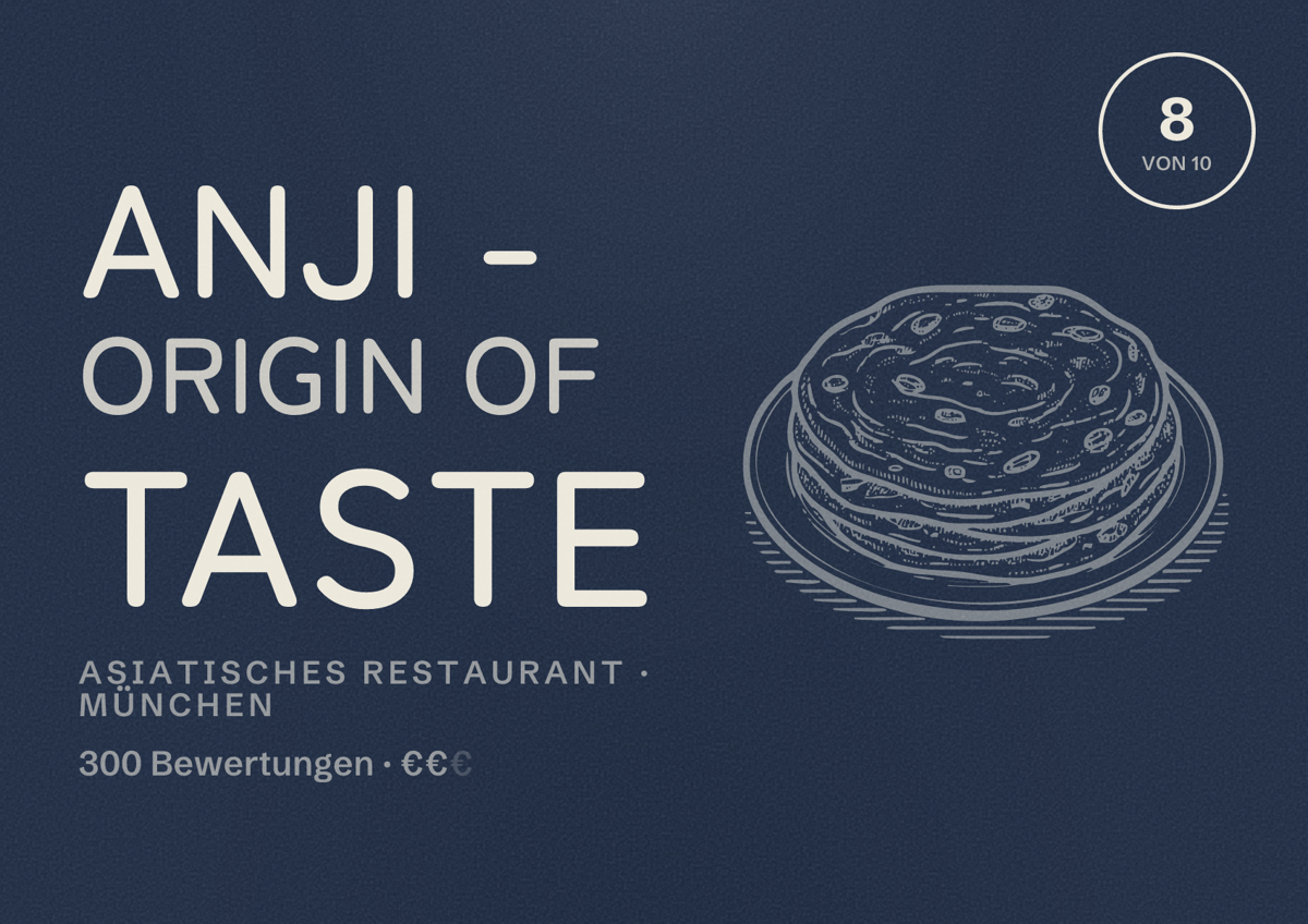 Illustriertes Poster von Anji - origin of taste, Asiatisches Restaurant in München: Bewertung 8,0 von 10 aus 300 Bewertungen, Preisniveau €€