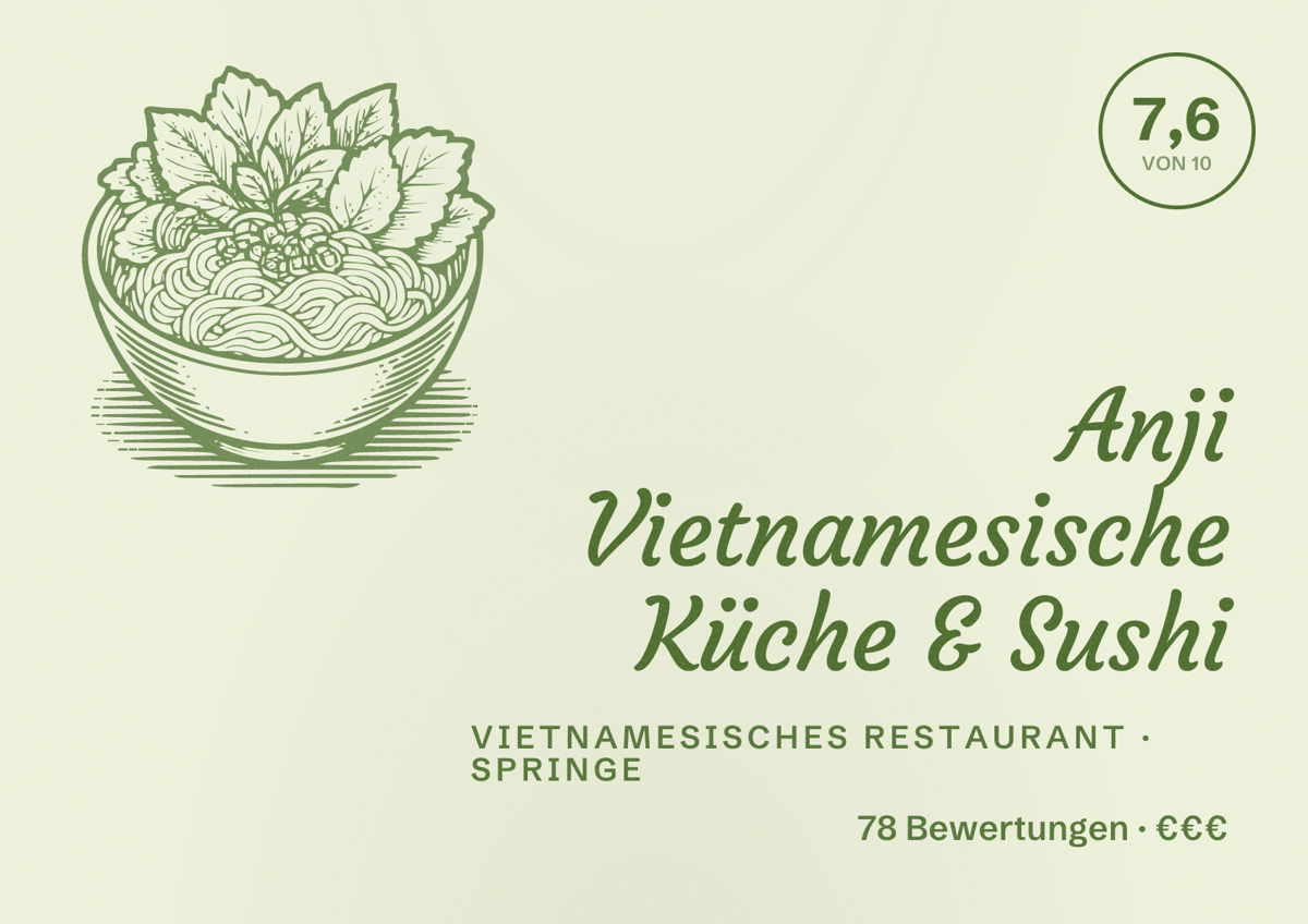 Illustriertes Poster von Anji Vietnamesische Küche & Sushi, Vietnamesisches Restaurant in Springe: Bewertung 7,6 von 10 aus 78 Bewertungen, Preisniveau €€€