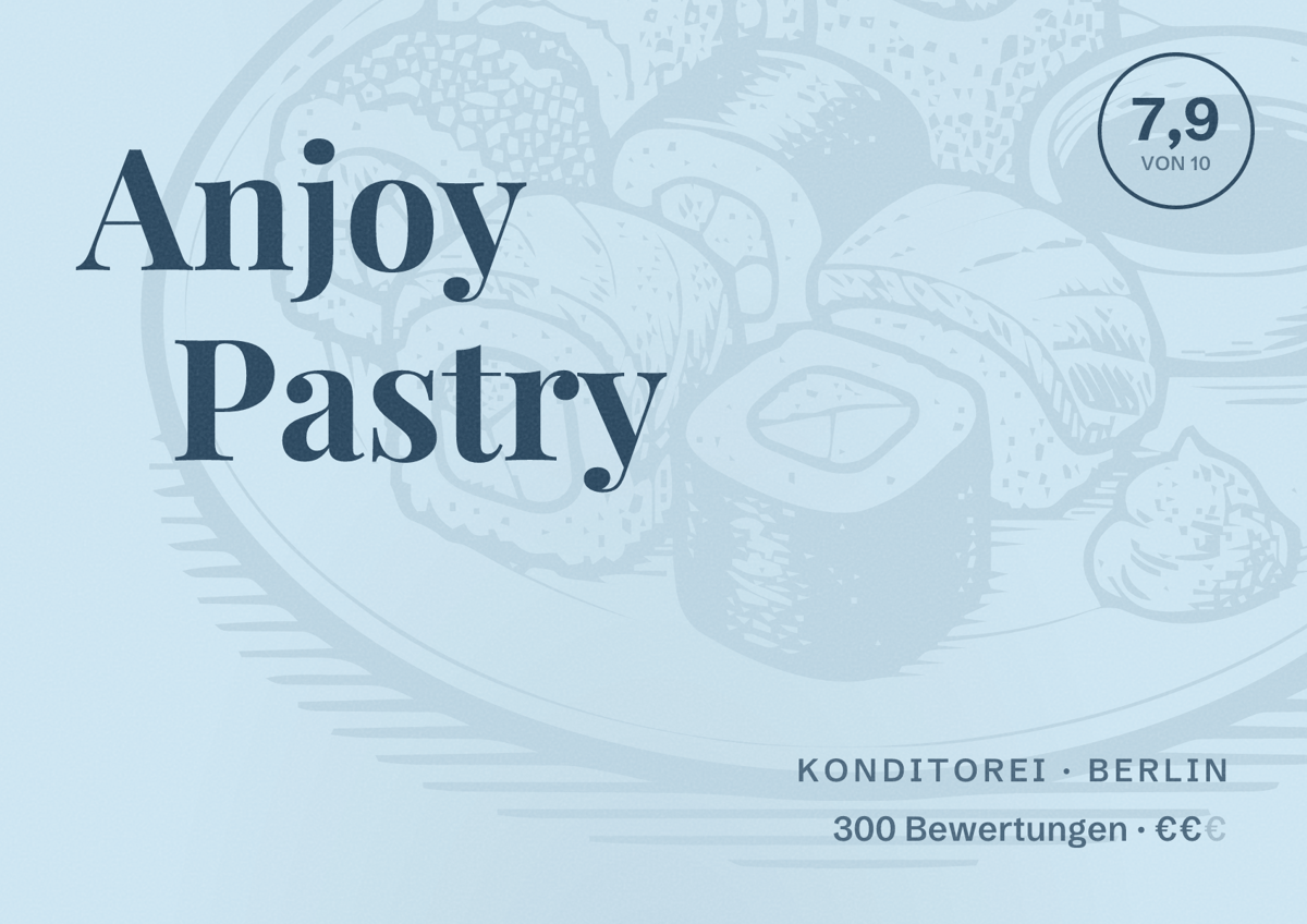 Illustriertes Poster von Anjoy Pastry, Konditorei in Berlin: Bewertung 7,9 von 10 aus 300 Bewertungen, Preisniveau €€