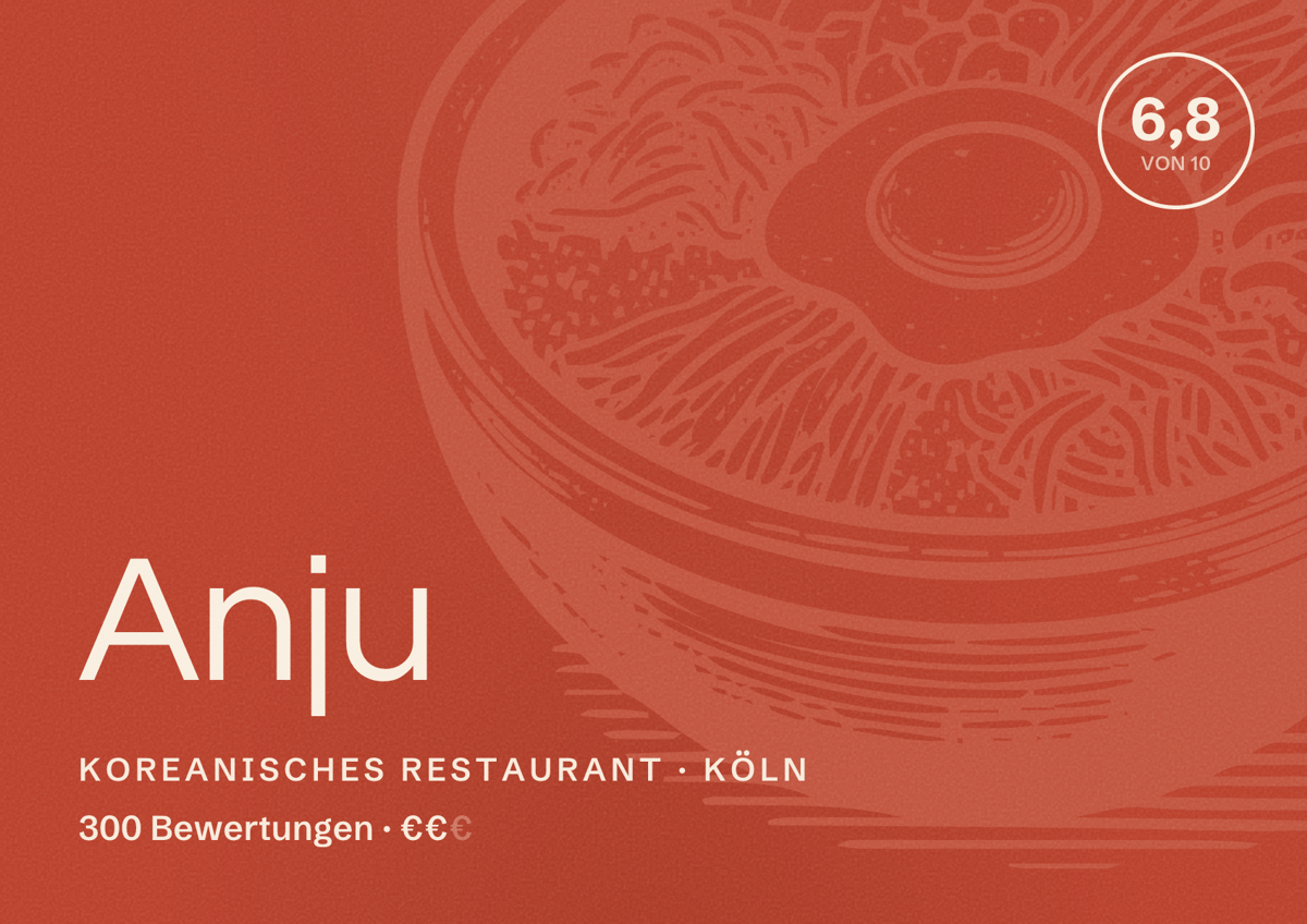 Illustriertes Poster von Anju, Koreanisches Restaurant in Köln: Bewertung 6,8 von 10 aus 300 Bewertungen, Preisniveau €€