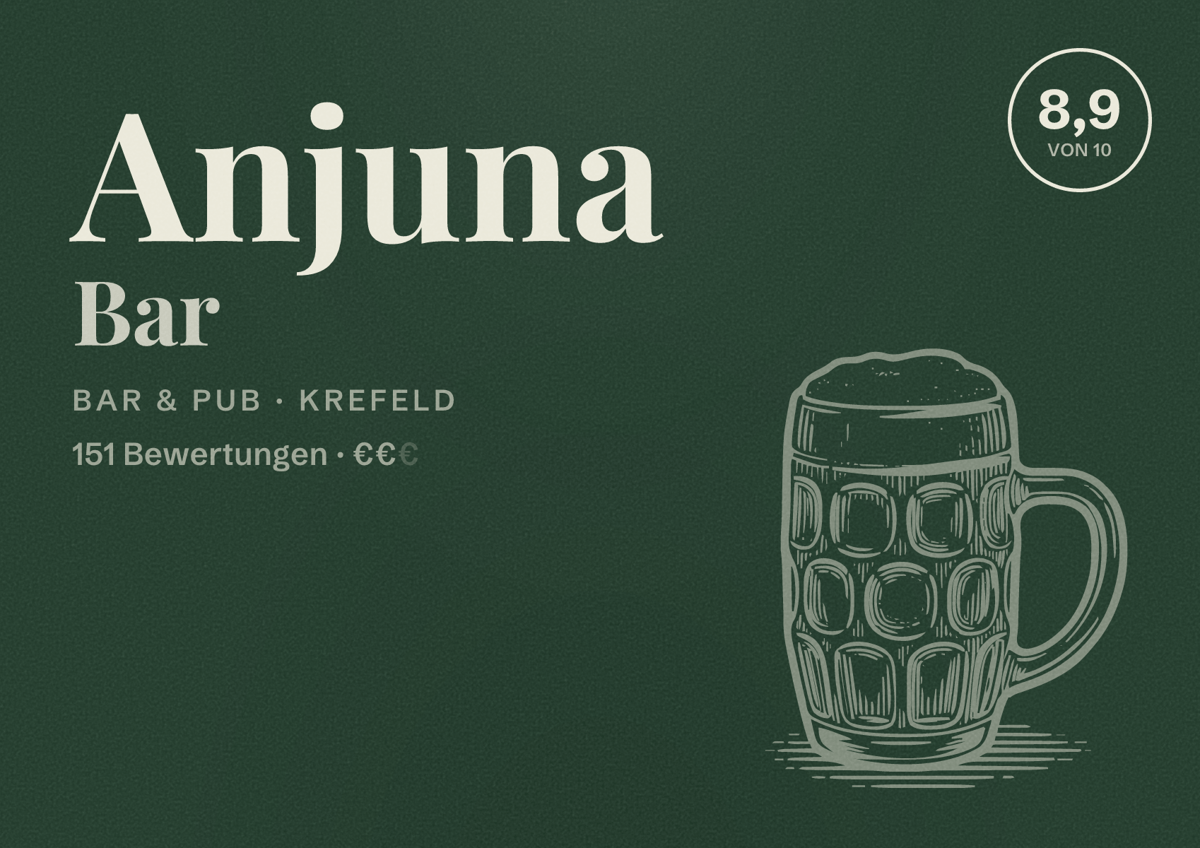 Illustriertes Poster von Anjuna Bar, Bar & Pub in Krefeld: Bewertung 8,9 von 10 aus 151 Bewertungen, Preisniveau €€