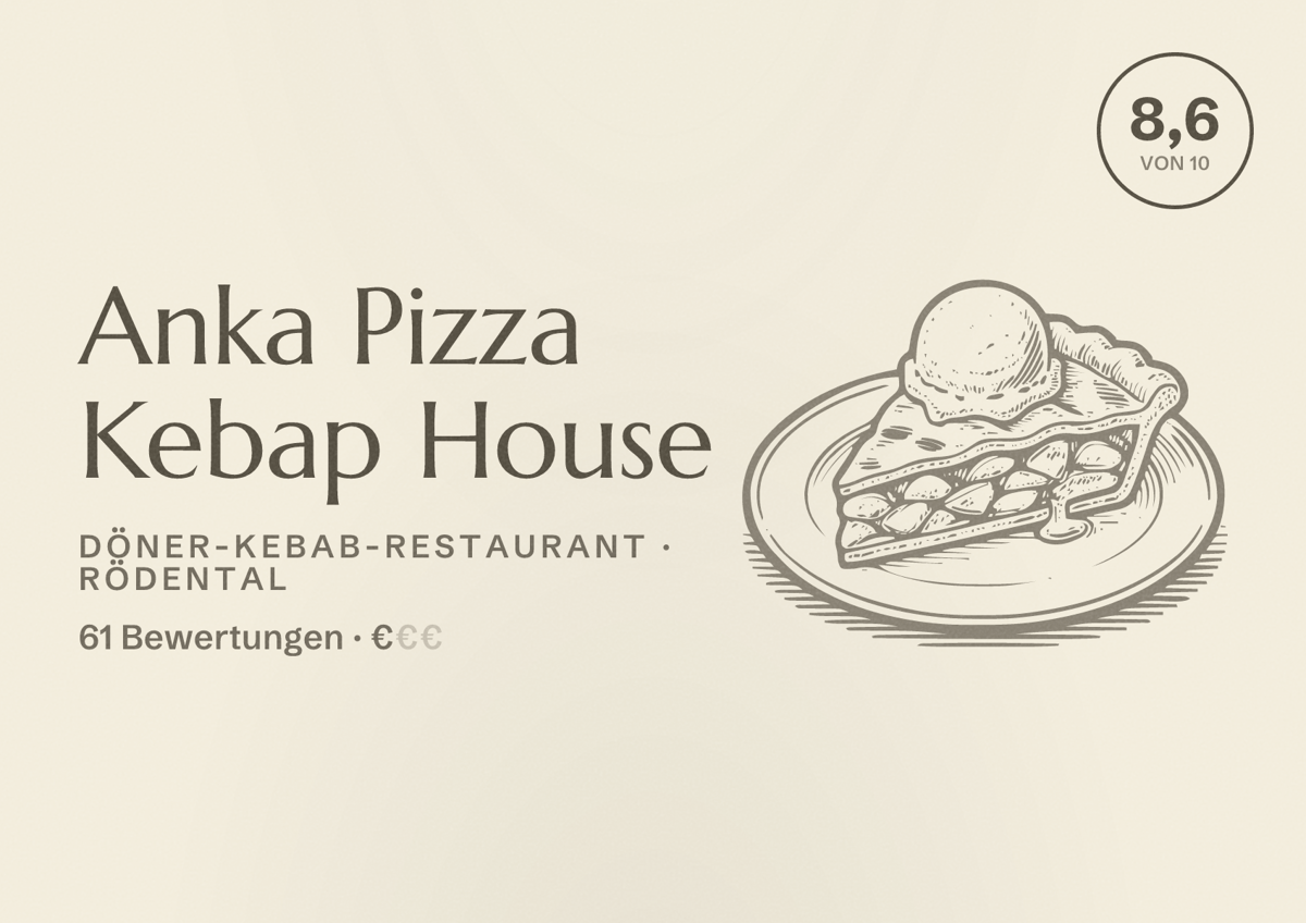 Illustriertes Poster von Anka Pizza Kebap House, Döner-Kebab-Restaurant in Rödental: Bewertung 8,6 von 10 aus 61 Bewertungen, Preisniveau €