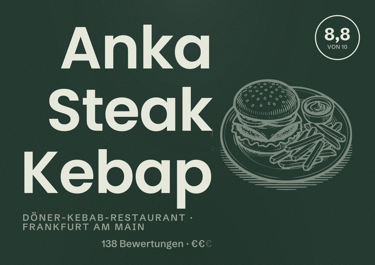 Illustriertes Poster von Anka Steak Kebap, Döner-Kebab-Restaurant in Frankfurt am Main: Bewertung 8,8 von 10 aus 138 Bewertungen, Preisniveau €€