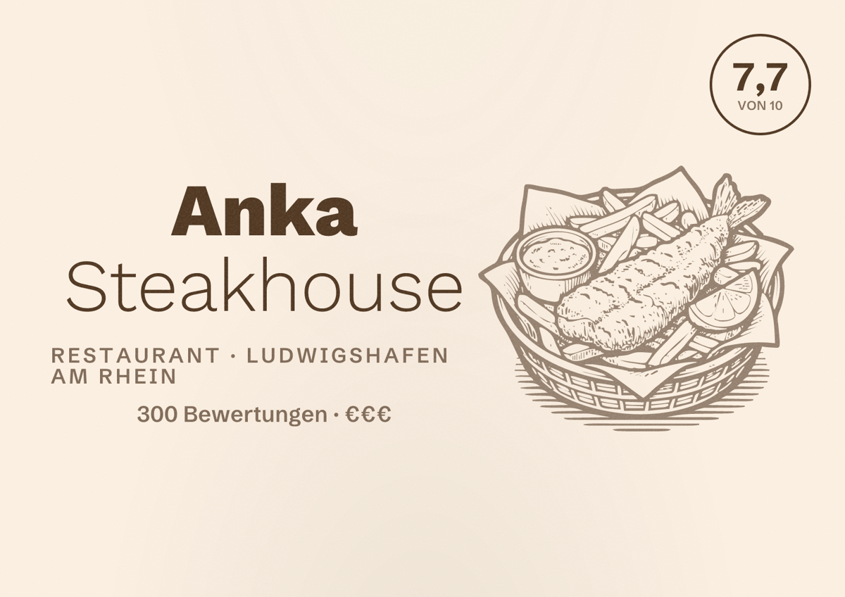 Illustriertes Poster von Anka Steakhouse, Restaurant in Ludwigshafen am Rhein: Bewertung 7,7 von 10 aus 300 Bewertungen, Preisniveau €€€