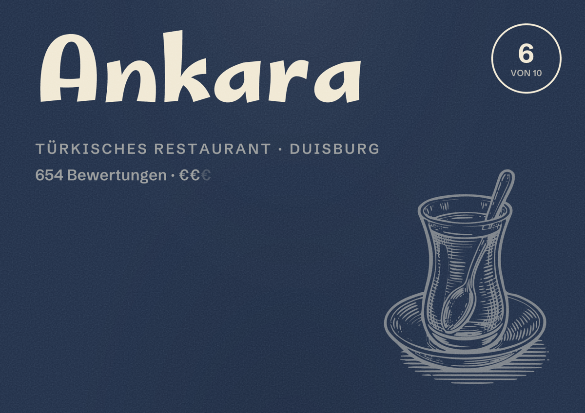 Illustriertes Poster von Ankara, Türkisches Restaurant in Duisburg: Bewertung 6 von 10 aus 654 Bewertungen, Preisniveau €€