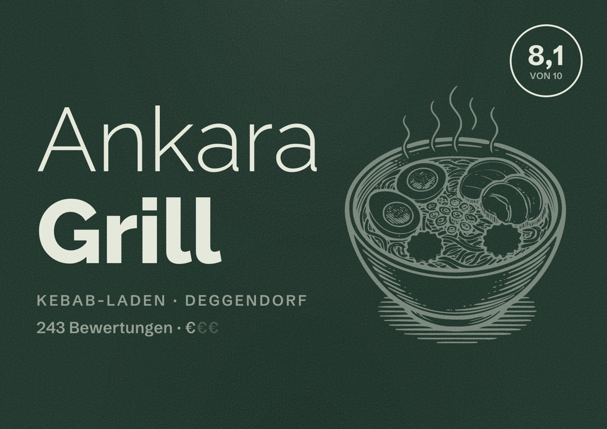 Illustriertes Poster von Ankara Grill, Kebab-Laden in Deggendorf: Bewertung 8,1 von 10 aus 243 Bewertungen, Preisniveau €