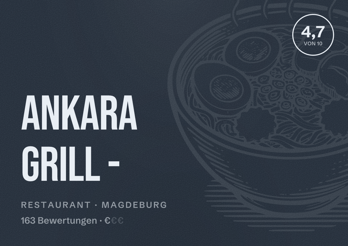 Illustriertes Poster von Ankara Grill -, Restaurant in Magdeburg: Bewertung 4,7 von 10 aus 163 Bewertungen, Preisniveau €